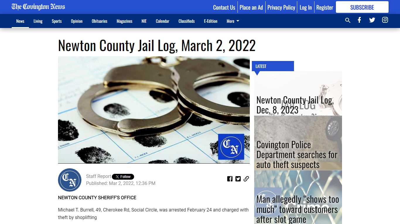 Newton County Jail Log, March 2, 2022 - The Covington News